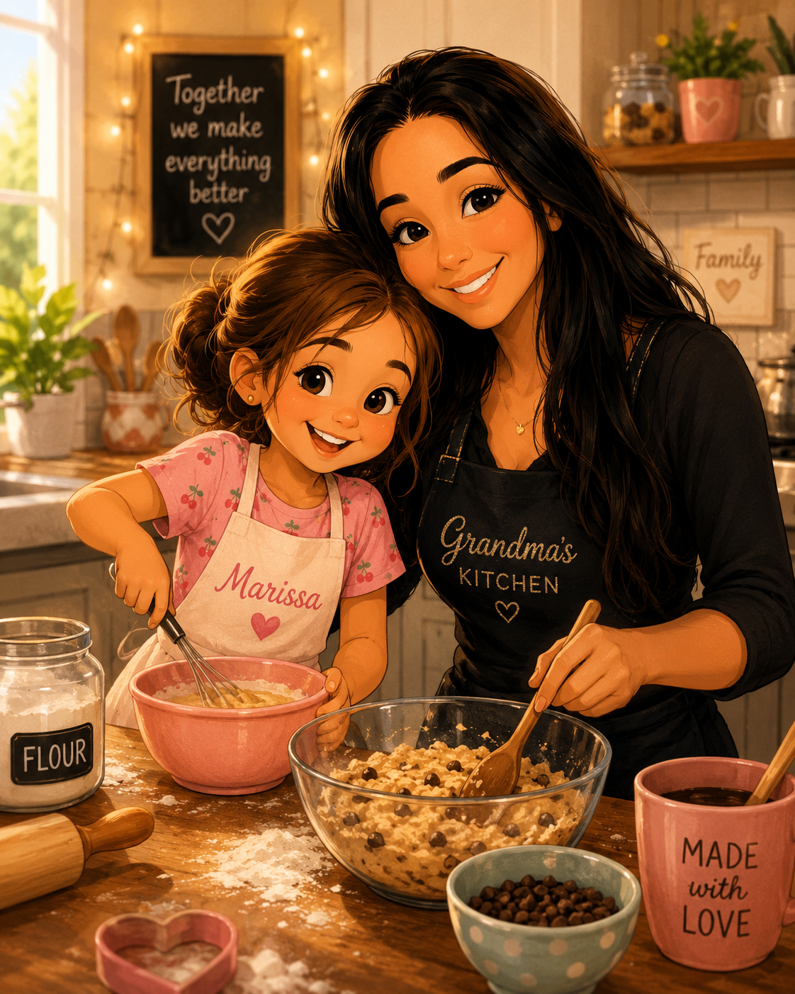 A grandmother and granddaughter baking together in a warm, sunlit kitchen